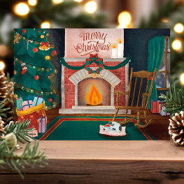 Kerstkaart met vintage kersthaardscene feestdagenkaart