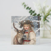 Kerstkaart met Vintage Meisje en Rendier (Staand voorkant)