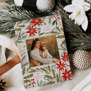Kerstkaart met vintage poinsettia familie foto