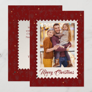 Kerstkaart met vintage postzegel en foto in bordea