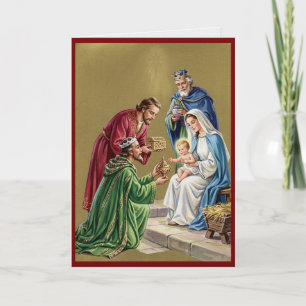 Kerstkaart met vintage religieuze afbeelding en pe kaart