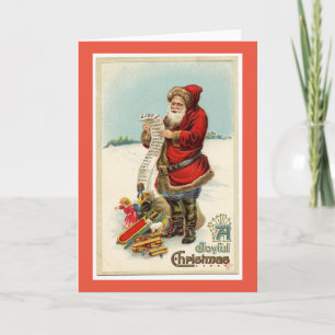 KERSTKAART MET VINTAGE SANTA MET ZAK VOL SPEELGOED KAART