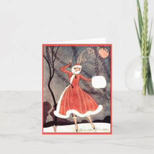 Kerstkaart met vintage schaatsende dame feestdagen kaart