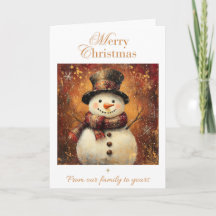 Kerstkaart met vintage sneeuwman – Gouden vakantie