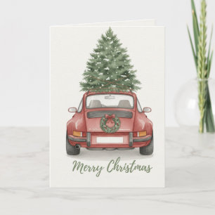 Kerstkaart met Vintage Sportauto en Kerstboom Kaart
