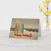 Kerstkaart met Vintage Surfplanken op Strand Kaart (Gele Bloem)