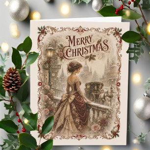 Kerstkaart met vintage Victoriaanse dame Feestdagen Kaart