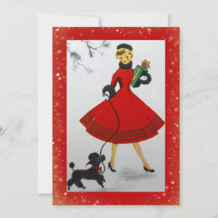 Kerstkaart met vintage vrouw, hond, rood en goud