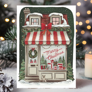 Kerstkaart met vintage winkelgevel feestdagen kaart