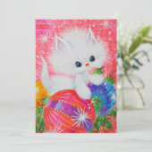 Kerstkaart met vintage witte kitten (Staand voorkant)