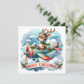 Kerstkaart met vliegend rendier in vliegtuig (Staand voorkant)