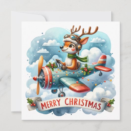 Kerstkaart met vliegend rendier in vliegtuig (Voorkant)