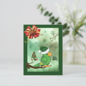 kerstkaart met vogel die een kersthat draagt (Staand voorkant)