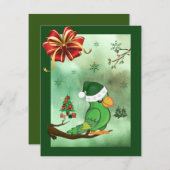 kerstkaart met vogel die een kersthat draagt (Voorkant / Achterkant)