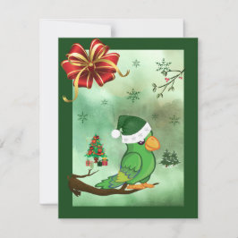 kerstkaart met vogel die een kersthat draagt