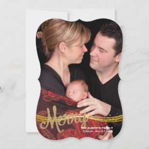 Kerstkaart met vrolijke linten en gouden foto