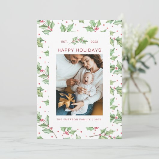 kerstkaart met Waterverf Holly Berries (Staand voorkant)