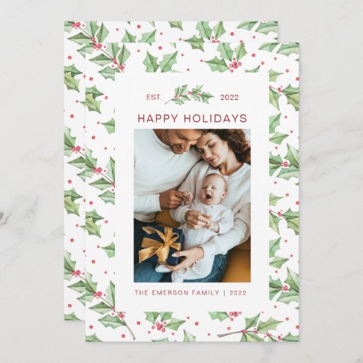 kerstkaart met Waterverf Holly Berries (Voorkant / Achterkant)