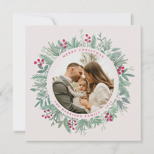 Kerstkaart met wintergroen en foto (Voorkant)
