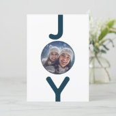 Kerstkaart met witte blauwe foto en tekst 'Joy' Kaart (Staand voorkant)