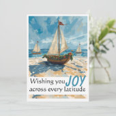 Kerstkaart met zeilboot in nautische stijl (Staand voorkant)