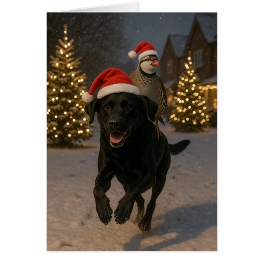 Kerstkaart met Zwarte Labrador en Patrijs (Voorkant)