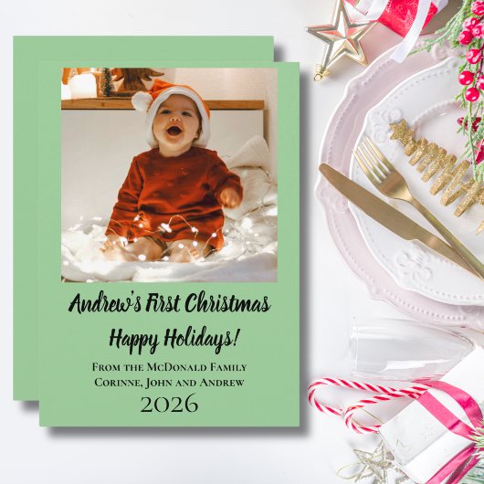 Kerstkaart minimale baby's eerste kerst groen