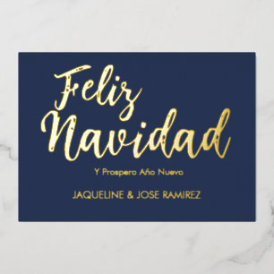Kerstkaart Navy Feliz Navidad Spaanse Goud Folie Feestdagenkaart