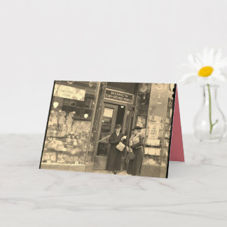 Kerstkaart, nostalgisch kerstinkopen doen. kaart