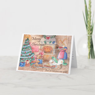 Kerstkaart Open Haard Familie fantasie Feestdagen Kaart