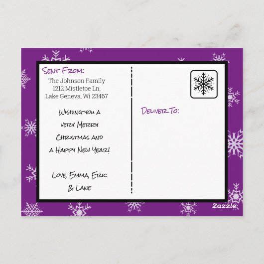kerstkaart Paarse Snowflakes Briefkaart (Achterkant)