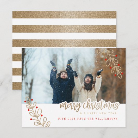 Kerstkaart | Rode bessen & gouden glitters Feestdagenkaart (Voorkant / Achterkant)