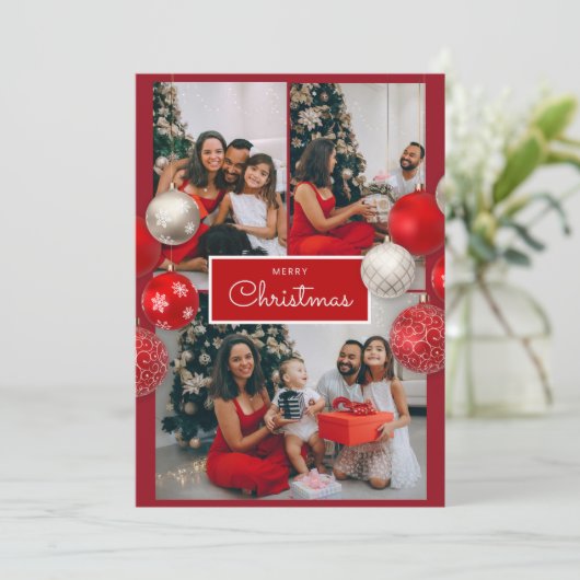 Kerstkaart – Rode Strik, 4 Foto's, Persoonlijk Bedankkaart (Staand voorkant)
