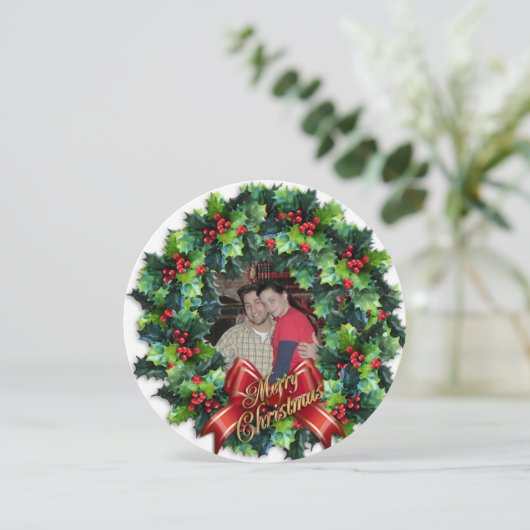 Kerstkaart ronde krans (Staand voorkant)