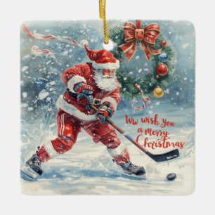Kerstkaart Santa Hockey Keramisch Ornament