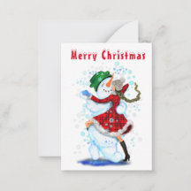 Kerstkaart Sneeuwman en Meisje Dansen - Leuk