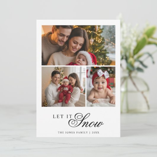 Kerstkaart 'Sneeuwt het maar' in rustieke stijl vo (Staand voorkant)