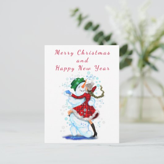 kerstKaart Snowman en Girl Dance - Fun Briefkaart (Staand voorkant)