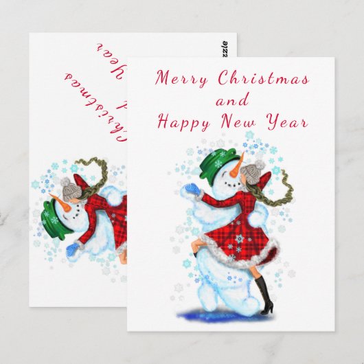 kerstKaart Snowman en Girl Dance - Fun Briefkaart (Voorkant / Achterkant)