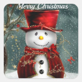kerstkaart Snowman glimlacht in top-hoed Vierkante Sticker (Voorkant)