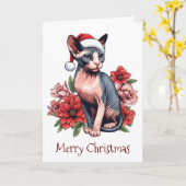 Kerstkaart | Sphynx kat met een kerstmuts Kaart (Gele Bloem)