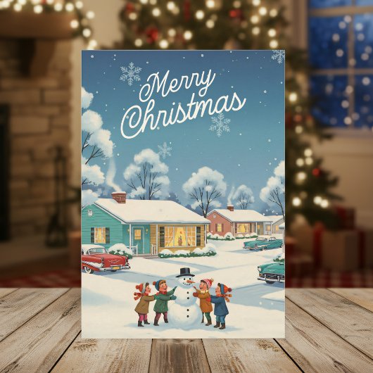 Kerstkaart uit 1950 – Kinderen & Sneeuwman