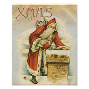 Kerstkaart uit het verleden, Kerstman, Schoorsteen Foto Afdruk