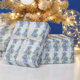 Kerstkaart uit het verleden met blauwe klokjes inp cadeaupapier