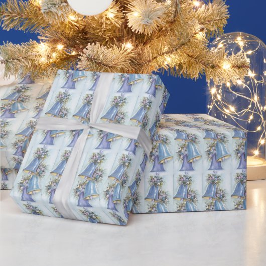 Kerstkaart uit het verleden met blauwe klokjes inp cadeaupapier (Feestdagen)