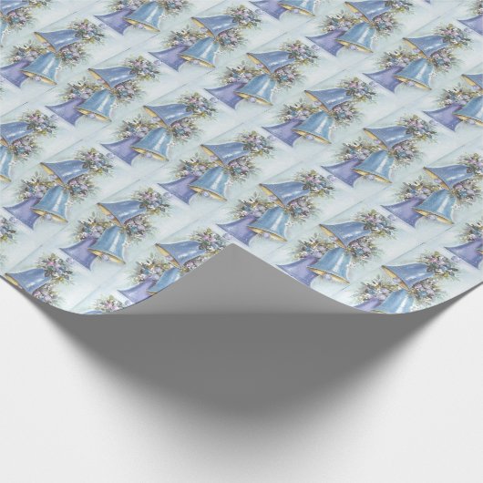 Kerstkaart uit het verleden met blauwe klokjes inp cadeaupapier (Hoek)