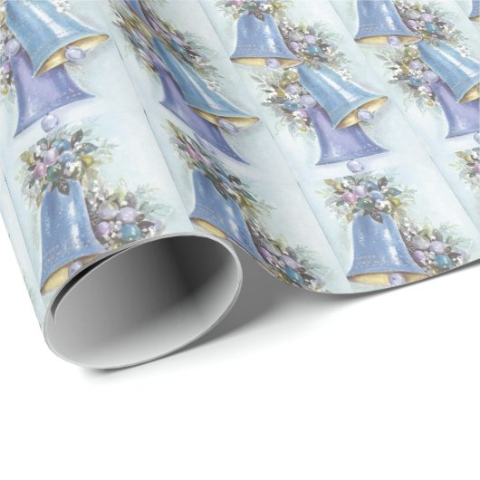 Kerstkaart uit het verleden met blauwe klokjes inp cadeaupapier (Rol Hoek)