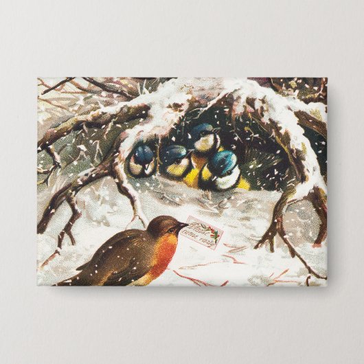 Kerstkaart uit het victoriaanse tijdperk, vogels button (Voorkant)