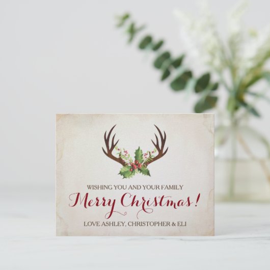 kerstkaart van de Deer Antlers ~ Rustic (Staand voorkant)