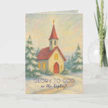 Kerstkaart van de kerk in een sterrenrijke wintern